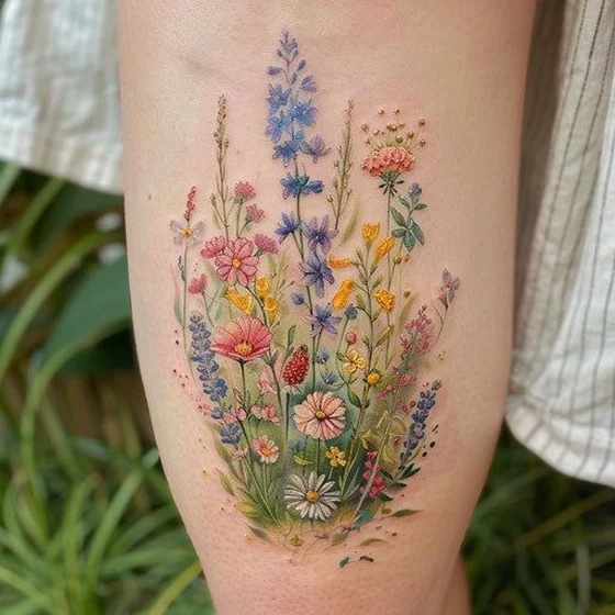 Realistic watercolor flower bouquet tattoo design for women on thigh