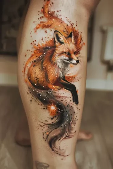 Realistic watercolor fox and galaxy tattoo idea for men/women calf