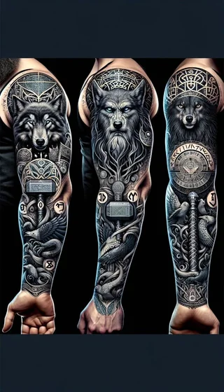 Realistic wolf, Viking, and raven full sleeve tattoo design for men