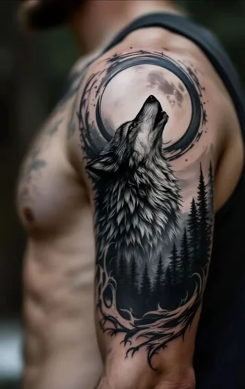 Realistic wolf and moon tattoo design for men on upper arm