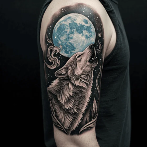 Realistic wolf and moon tattoo design for men on upper arm