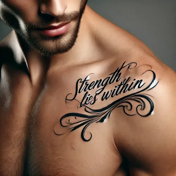 Script quote with ornamental flourish tattoo for men on chest