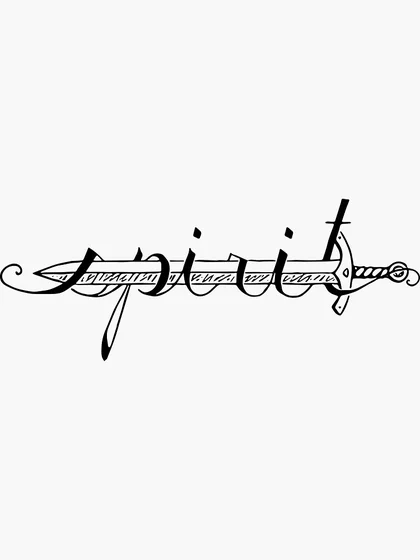 Script sword and 'spirit' word tattoo design for men and women