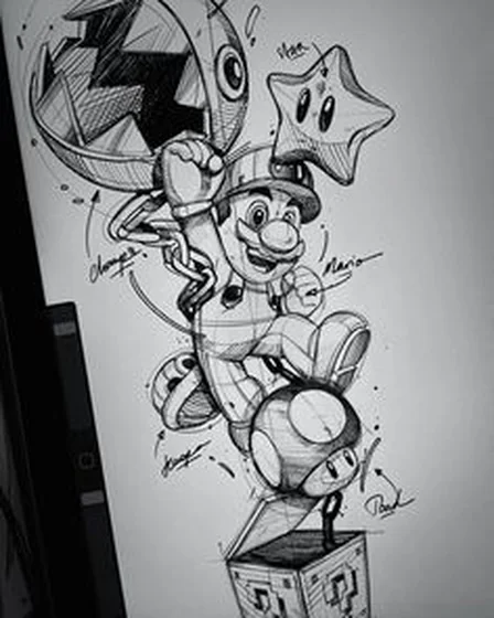 Sketch Mario video game tattoo design for men and women