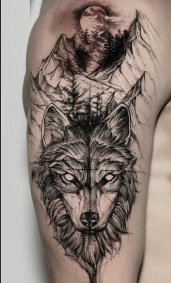 Sketch black and grey wolf, mountain, moon tattoo for men and women on upper arm