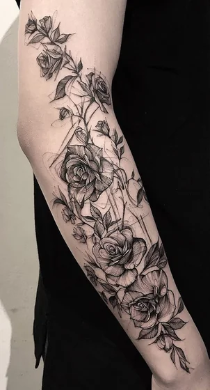 Sketch blackwork rose and floral tattoo design for women on forearm