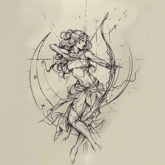 Sketch linework Sagittarius archer with moon arrow tattoo design for women