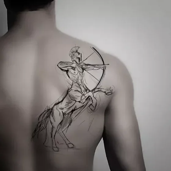 Sketch style Sagittarius centaur archer tattoo design for men on back shoulder