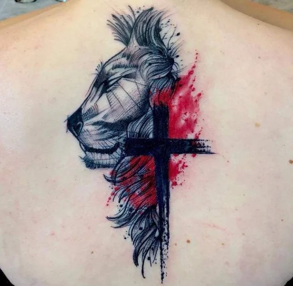 Sketch watercolor lion and cross tattoo idea for men and women on back