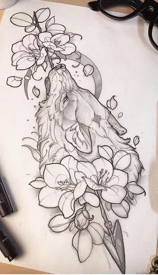 Sketch wolf, flower, and floral tattoo design for men and women