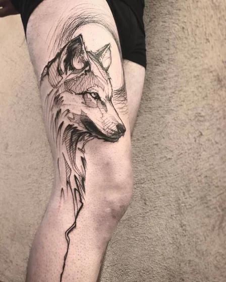 Sketch wolf tattoo design for men on thigh