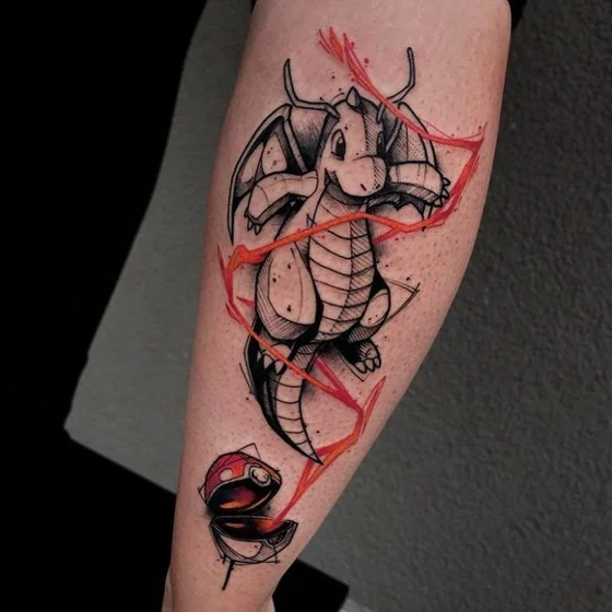 Sketchy Blackwork Dragonite and Pokeball tattoo idea for men and women.