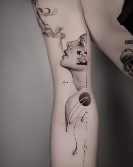 Surreal Realism female profile, smoke, cloud tattoo for women