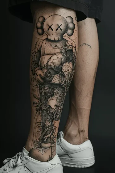 Surreal dotwork Kaws Companion, skull, earth globe tattoo design for men on calf and ankle