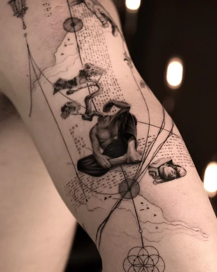 Surreal realism meditating figure, bonsai tattoo idea for men.