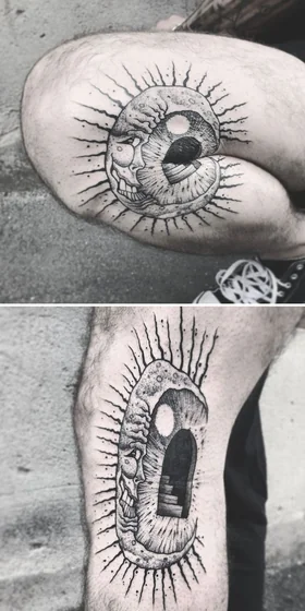 Surreal sketch moon and sun with doorway tattoo design for men on thigh