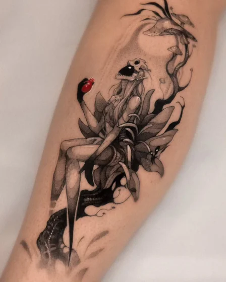 Surreal skull, apple, mushroom tattoo idea for ladies on calf