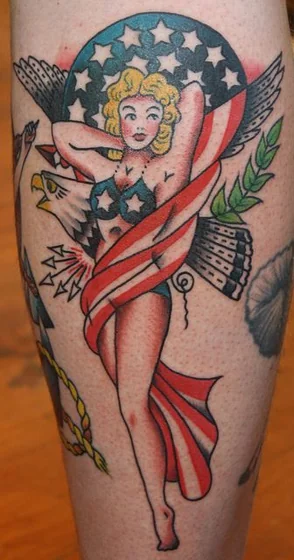 Traditional American Flag, Eagle, Pin-up Girl tattoo idea