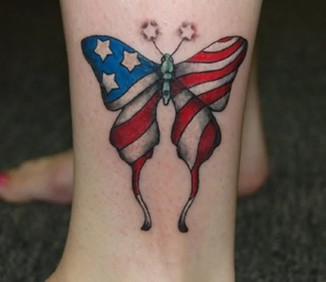 Traditional American Flag butterfly tattoo design for women on ankle
