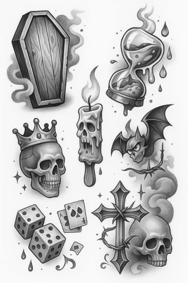 Traditional Black And Grey tattoo design with skulls, hourglass, cross, coffin, dice, cards for guys and ladies.