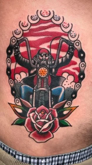 Traditional Motorbike, Rose, Chain tattoo design for men on hip