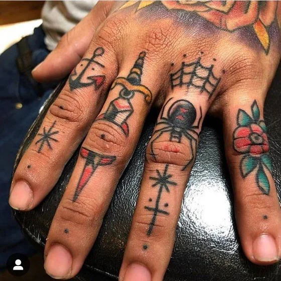 Traditional Patchwork spider, rose, anchor, dagger tattoo design for men on hand