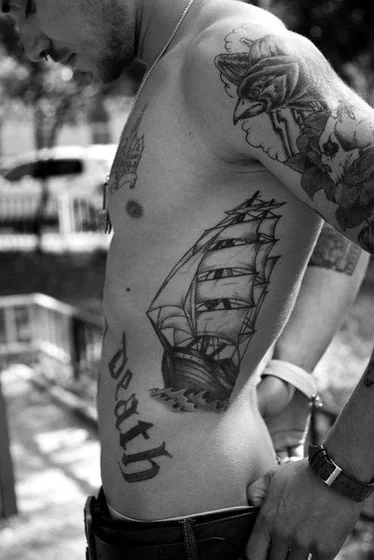 Traditional Patchwork tattoo for men: ship, raven, skull.