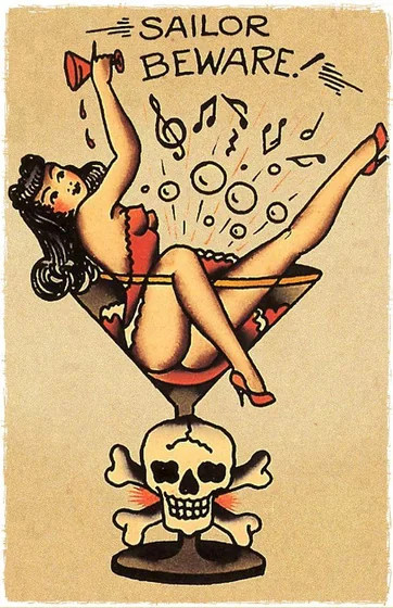 Traditional 'Sailor Beware' pin-up girl, skull tattoo for women