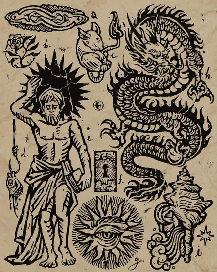 Traditional Woodcut tattoo design with Dragon, Saint Michael, Sun for men