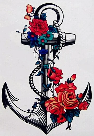 Traditional anchor, rose, floral tattoo design for ladies and guys