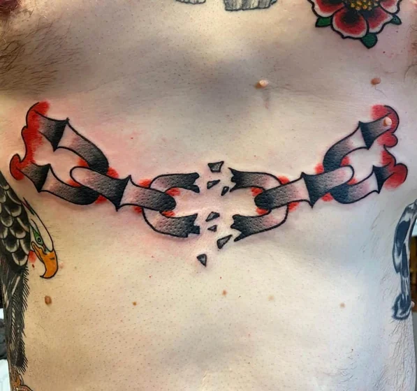 Traditional broken chain, eagle, flower patchwork tattoo for men on chest