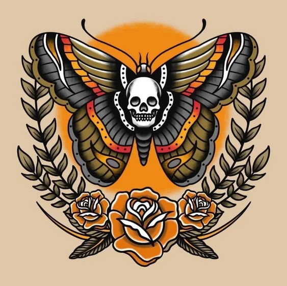 Traditional butterfly skull and rose tattoo design for men and women