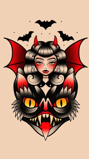 Traditional devilish woman and cat tattoo design for women