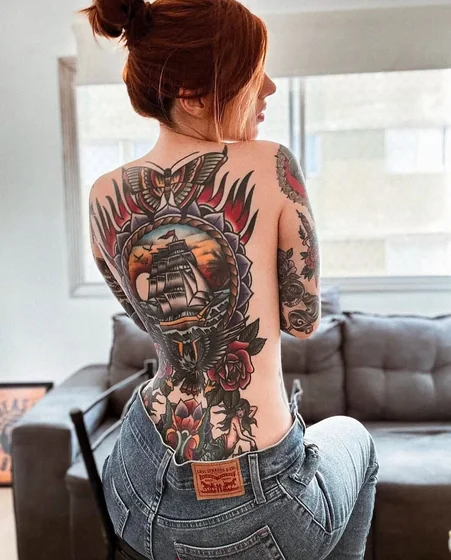 Traditional eagle, rose, mermaid, ship tattoo design for women on back