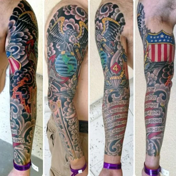 Traditional full sleeve tattoo design for men with Eagle and Flag