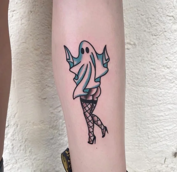 Traditional ghost tattoo for women on calf