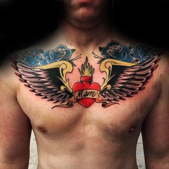 Traditional heart, wing, and rose tattoo design for men on chest