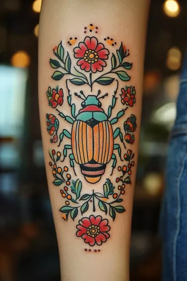 Traditional illustrative beetle and floral tattoo design for women on forearm