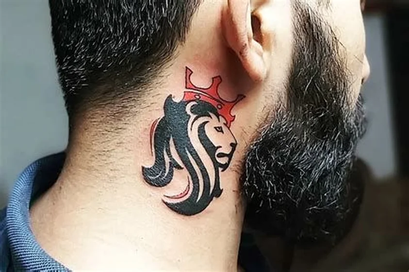 Traditional lion and crown tattoo design for men on neck