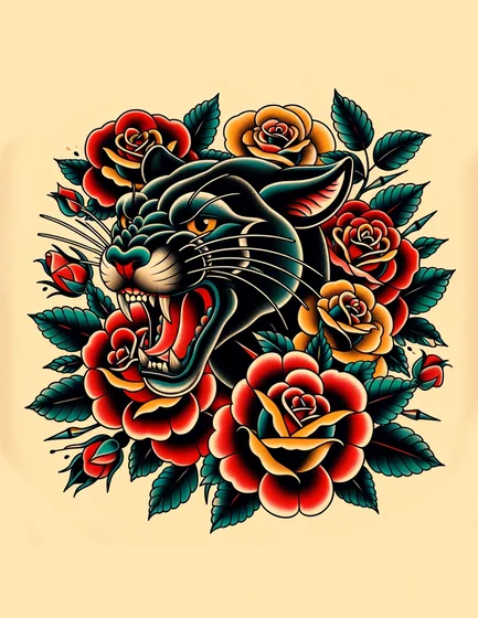 Traditional panther, rose, floral tattoo design for men and women