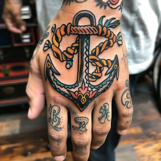 Traditional patchwork Anchor tattoo idea for men on hand and fingers