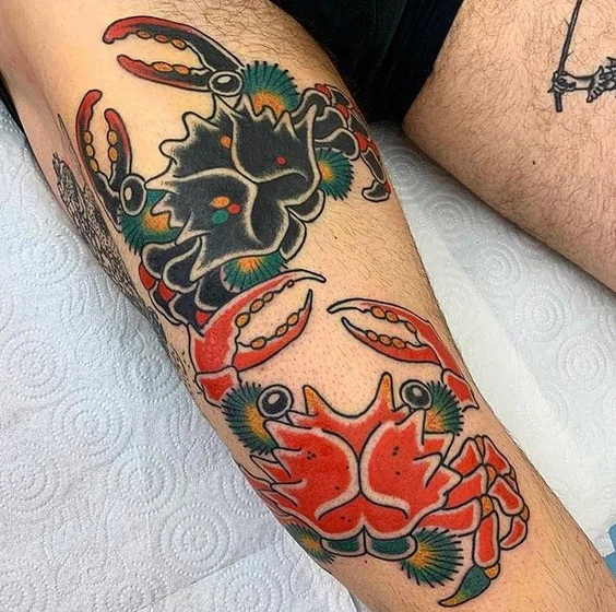 Traditional patchwork crab tattoo design for men on calf