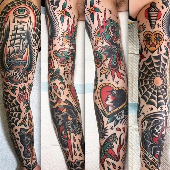 Traditional patchwork full sleeve tattoo for men with Dragon, Grim Reaper, Rose, Ship.