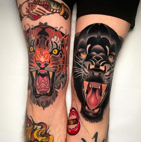 Traditional patchwork tiger, black panther knee tattoo idea for men.