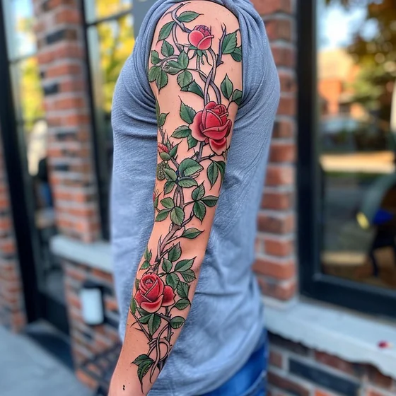 Traditional rose and floral vine full sleeve tattoo design for men