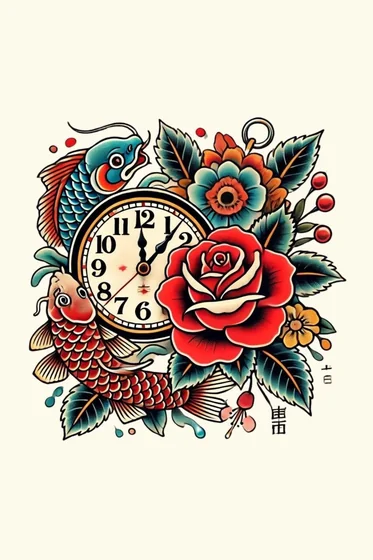 Traditional rose, clock, koi fish tattoo design for men & women
