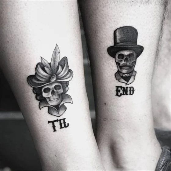 Traditional skull and word tattoo design for men, women on calf