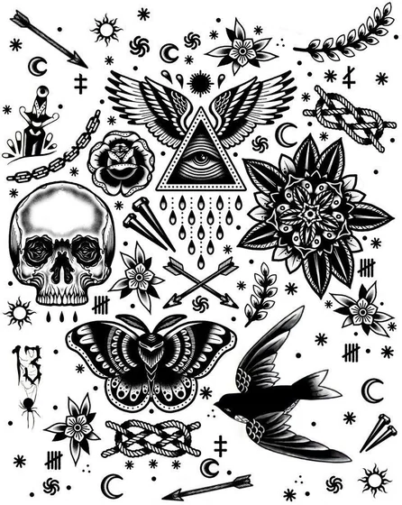 Traditional skull, rose, butterfly, all-seeing eye tattoo design