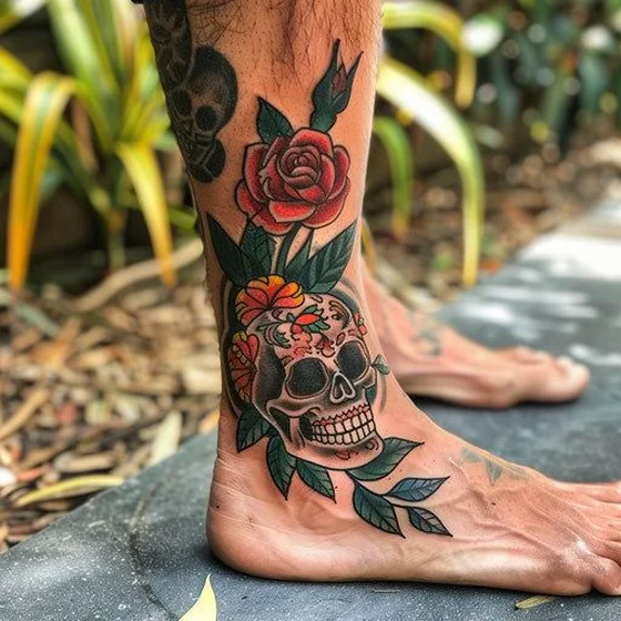 Desenho de tatuagem tradicional de caveira, rosa e floral para homens na panturrilha e tornozelo