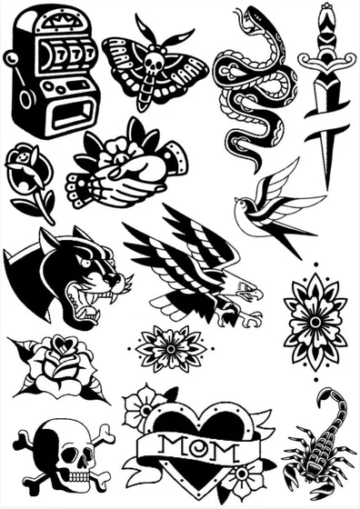 Traditional tattoo design sheet: roses, skulls, snakes, dagger, handshake.